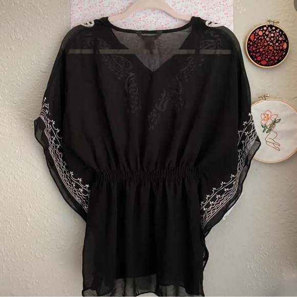 Fun & Flirt Black Boho Embroidered Sheer Tunic Top | Flowy Kimono Sleeve - Picture 5 of 14